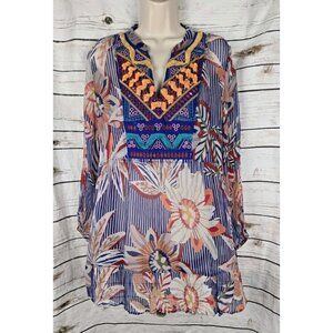 Soft Surroundings Multi Sheer Tunic Top XL Fringe Embellished Striped Floral